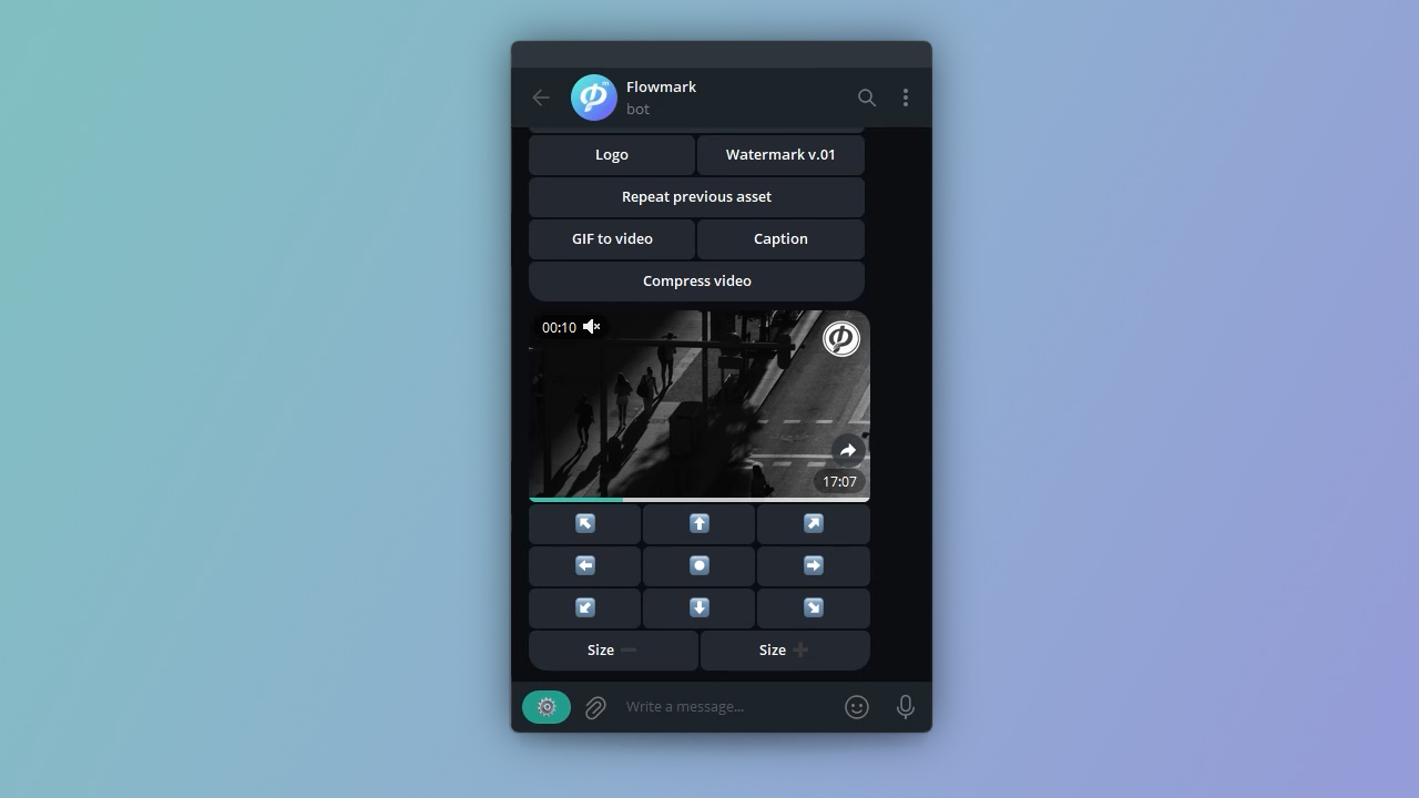 Логотип на видео, наложенный в Telegram ботом Flowmark
