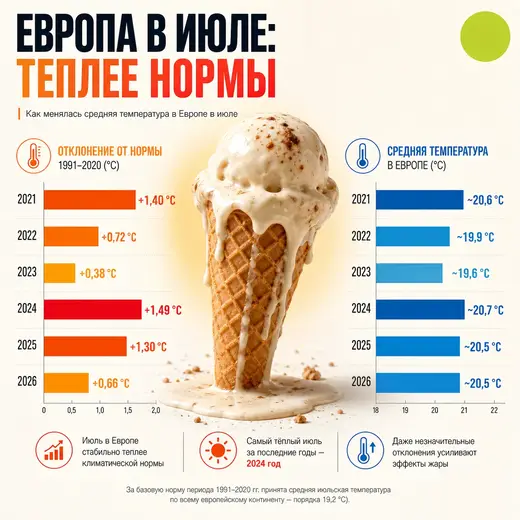 Инфографика «Европа в июле: теплее нормы» с двумя графиками и тающим мороженым