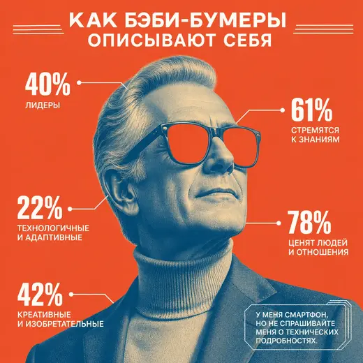 Ретрофутуристичная инфографика на русском: дуотон-портрет мужчины в очках и пять процентных показателей