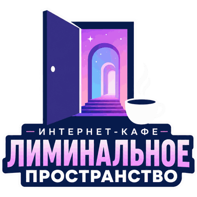 Неоновый логотип интернет-кафе «Лиминальное пространство» с дверью и чашкой кофе