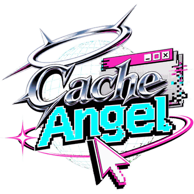 Хромированный логотип «Cache Angel» в эстетике Y2K с курсором