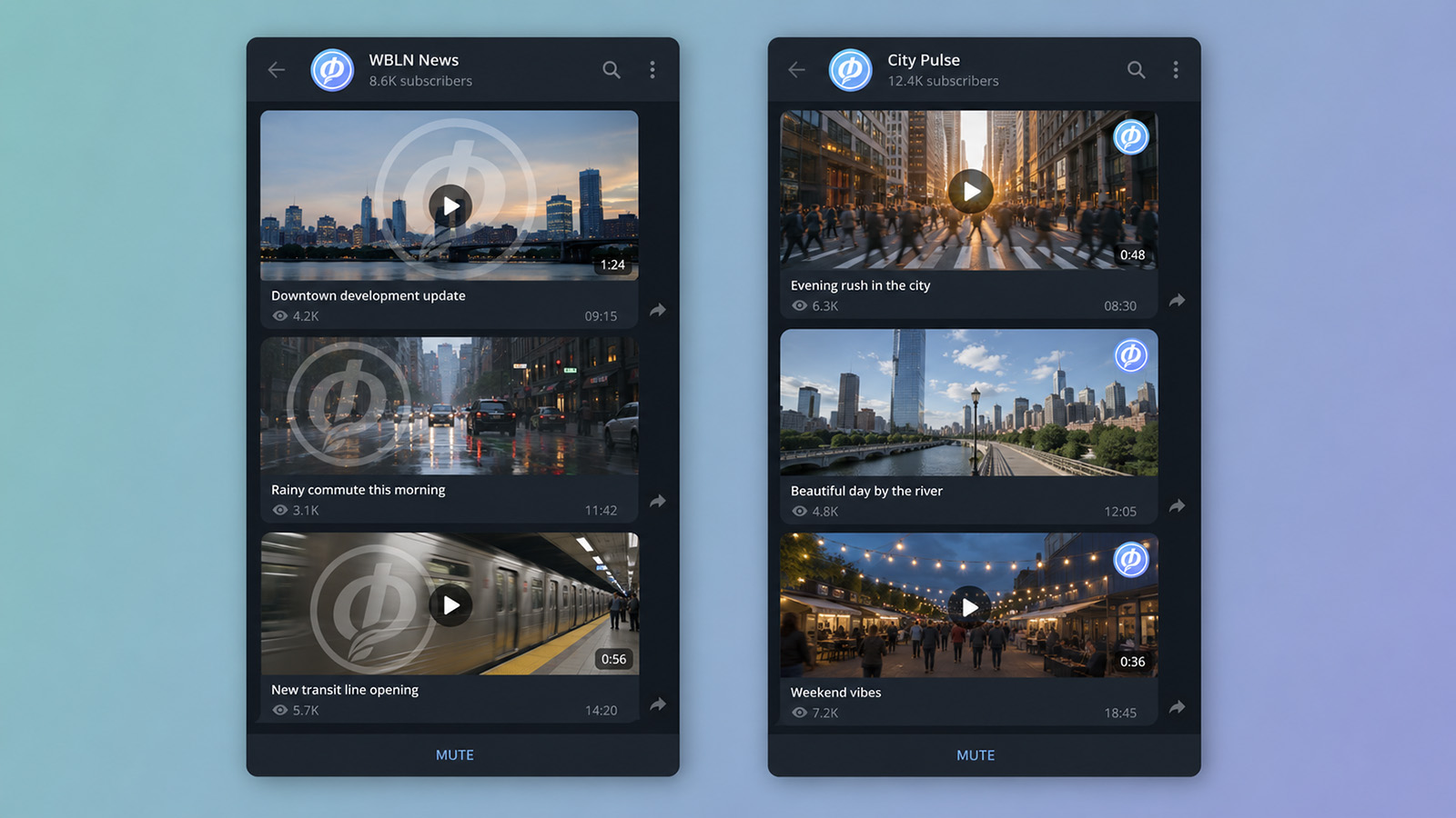 Лента Telegram-канала: несколько постов с единым водяным знаком